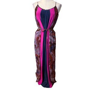 Ella Moss Silk Maxi Dress M Medium Tiered Sleeveless Flowy Pinks Purples Belted